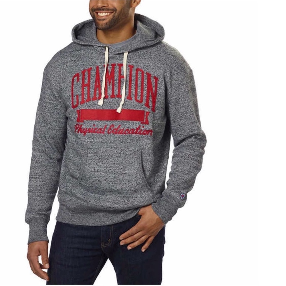 Champion Vintage Gray Pullover Hoodie with Red Script Physical Education  Logo